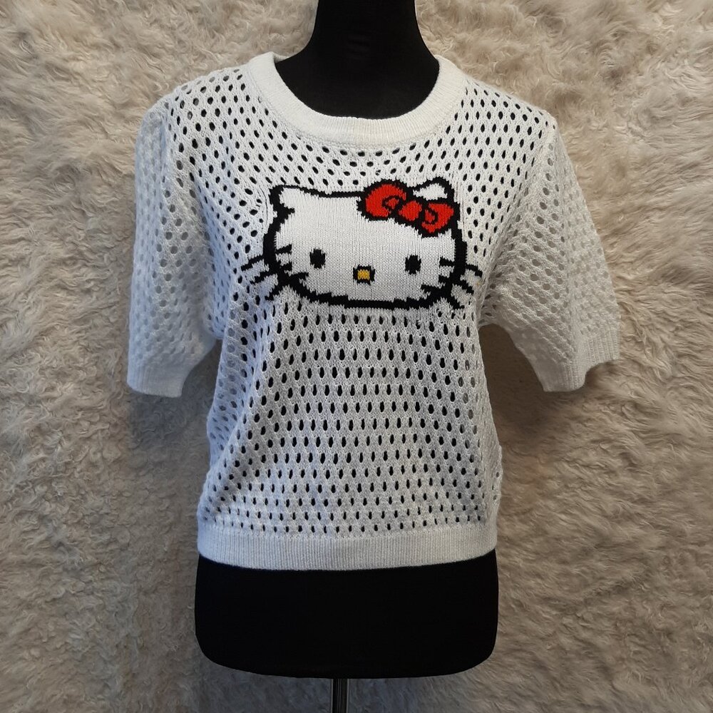 Hello Kitty Women's White Knit See Through Short Sleeves Top Size L
